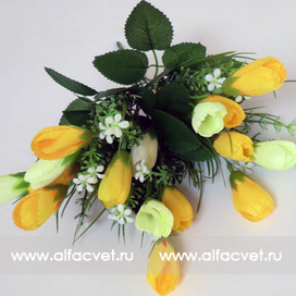 искусственные цветы букет тюльпанов с добавкой травка-ромашка цвета белый с желтым 36